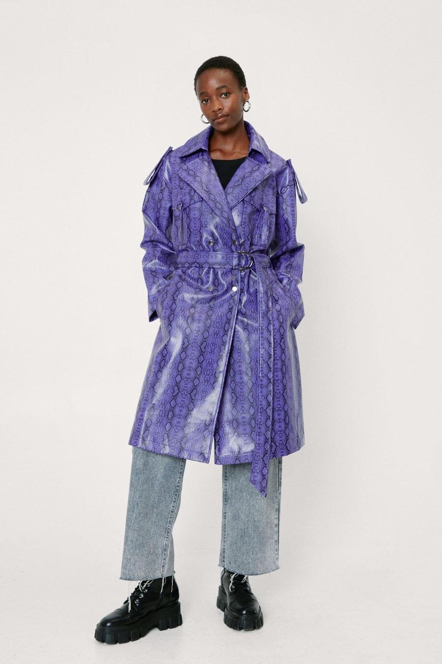 Purple Snakeskin Faux Leather Oversized Belted Trench Coat