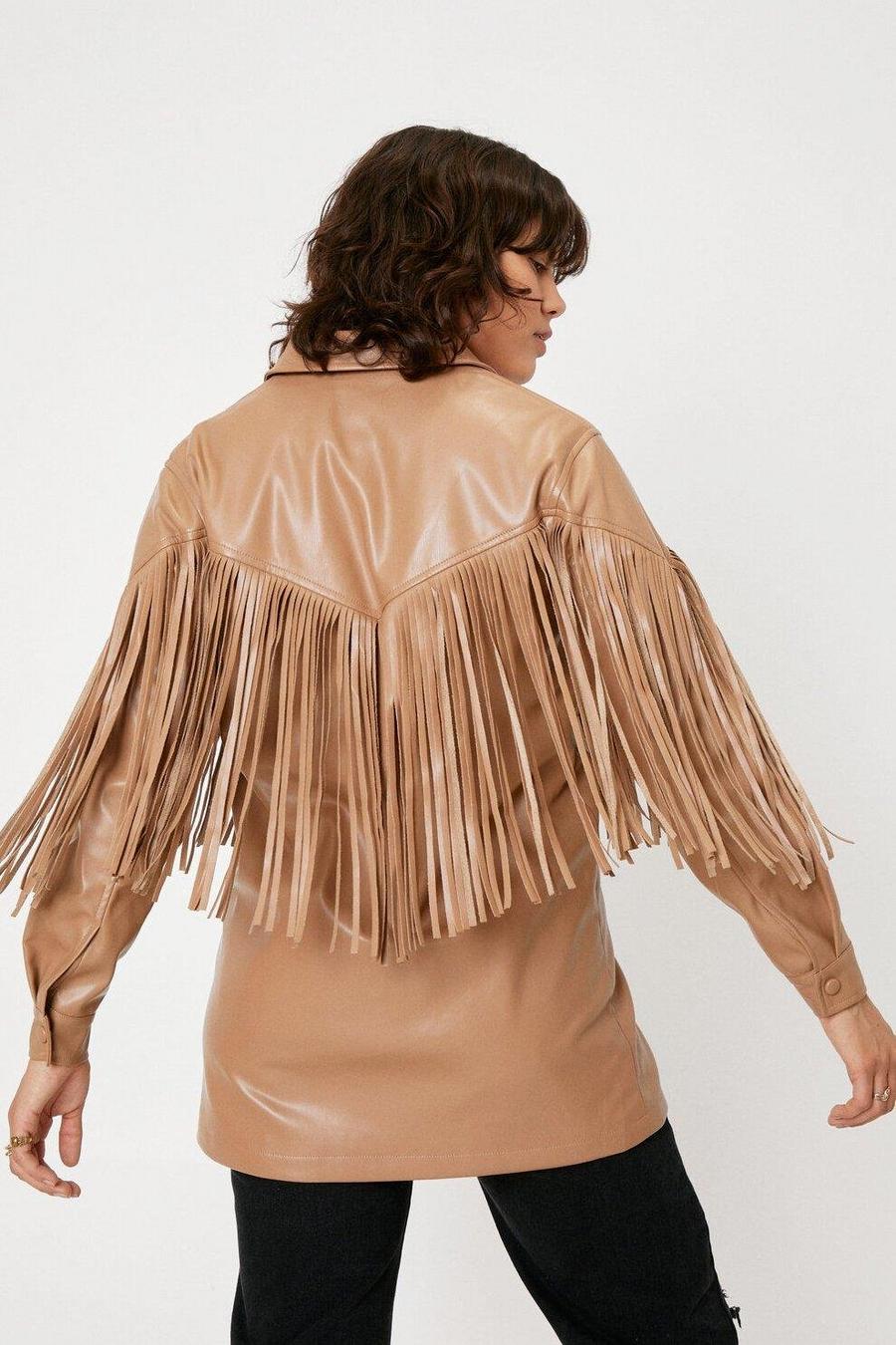 Tan Western Fringed Faux Leather Coat image number 1