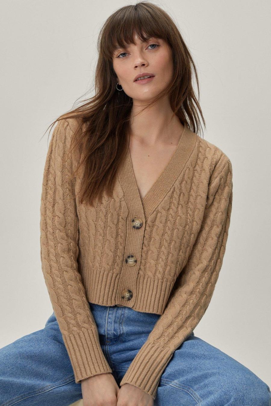 Camel Recycled Honeycomb Stitch Crop Knit Cardigan image number 1