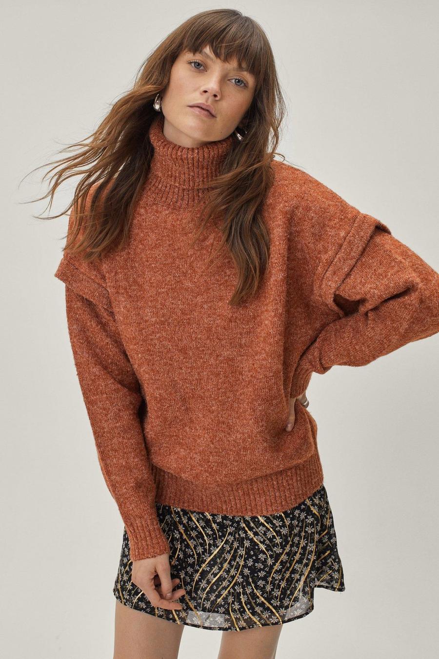 Chocolate brown Turtleneck Sleeve Detail Sweater