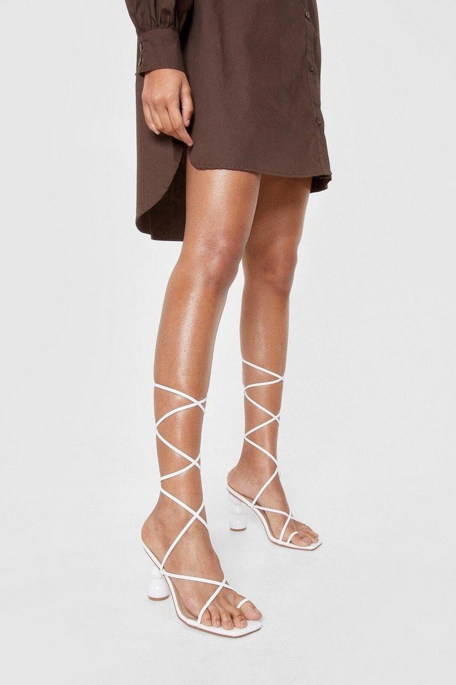 White Faux Leather Strappy Heeled Ball Sandals