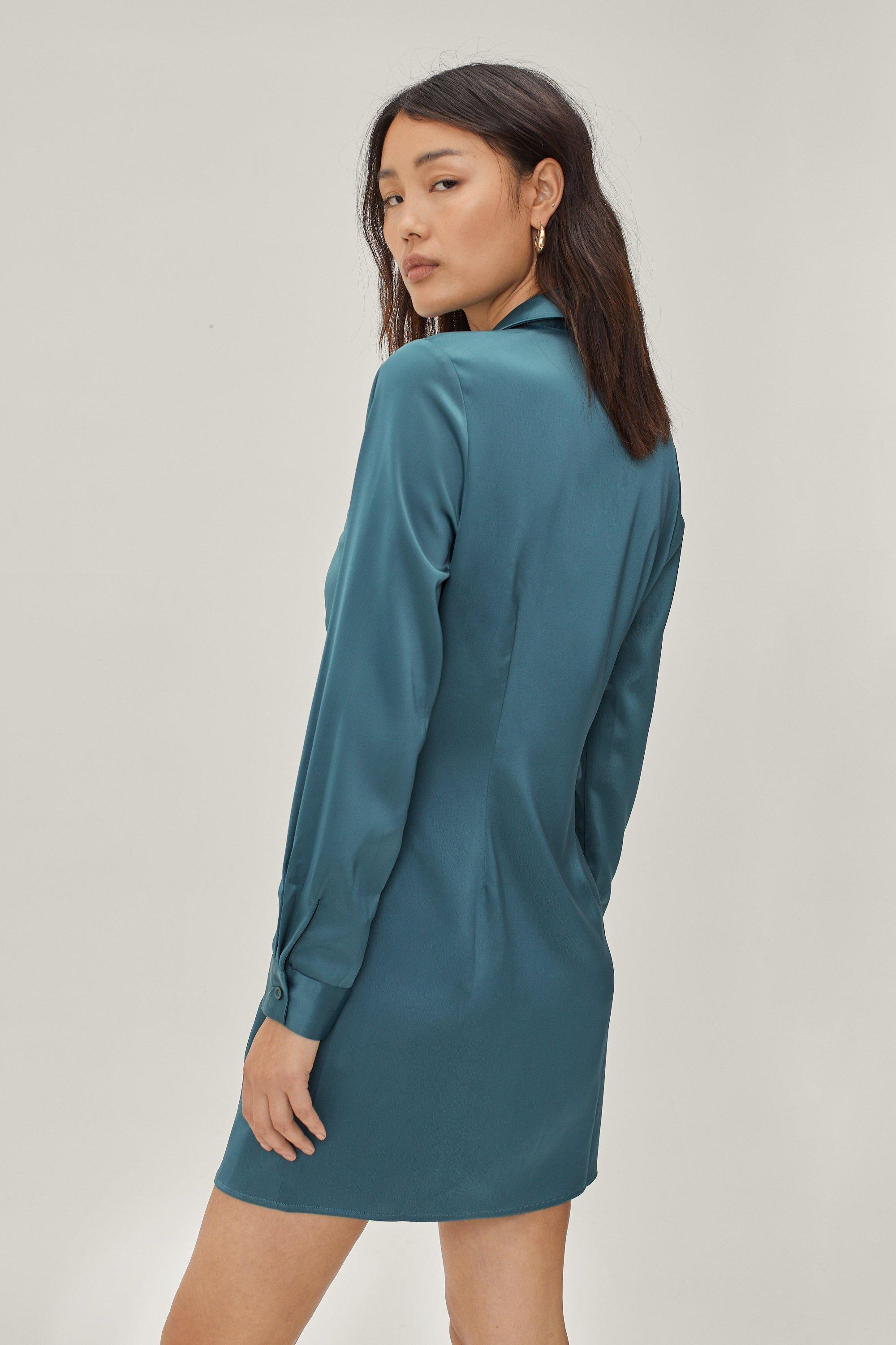 Women's Satin Ruched Front Shirt Mini Dress