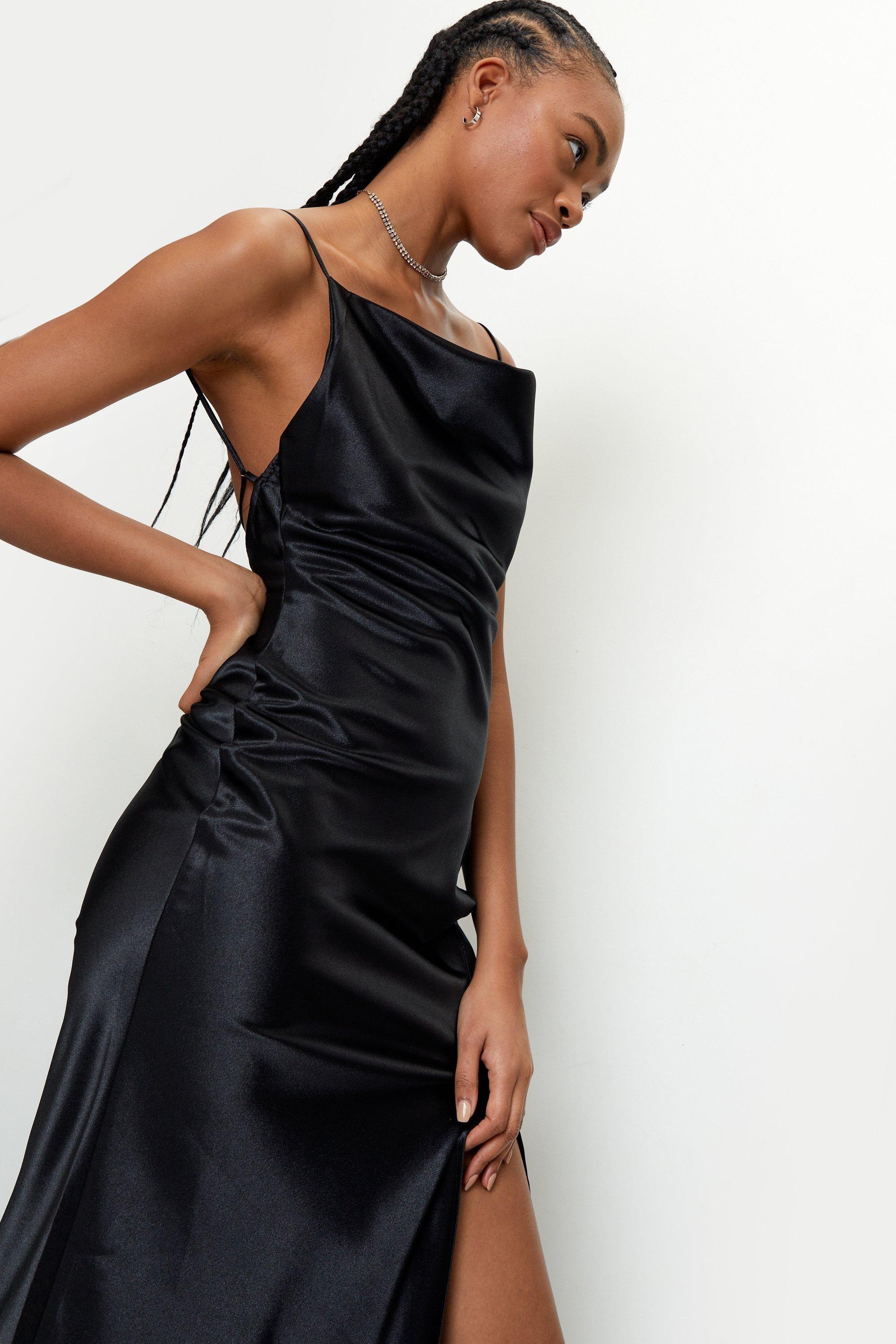 Black Cowl Neck Satin Slip Dress