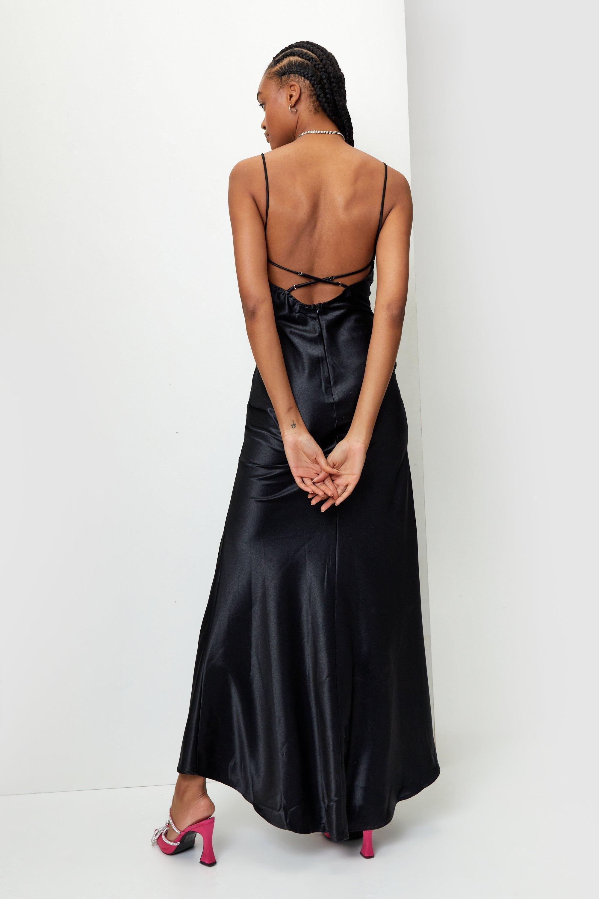 Black Cowl Neck Satin Slip Dress