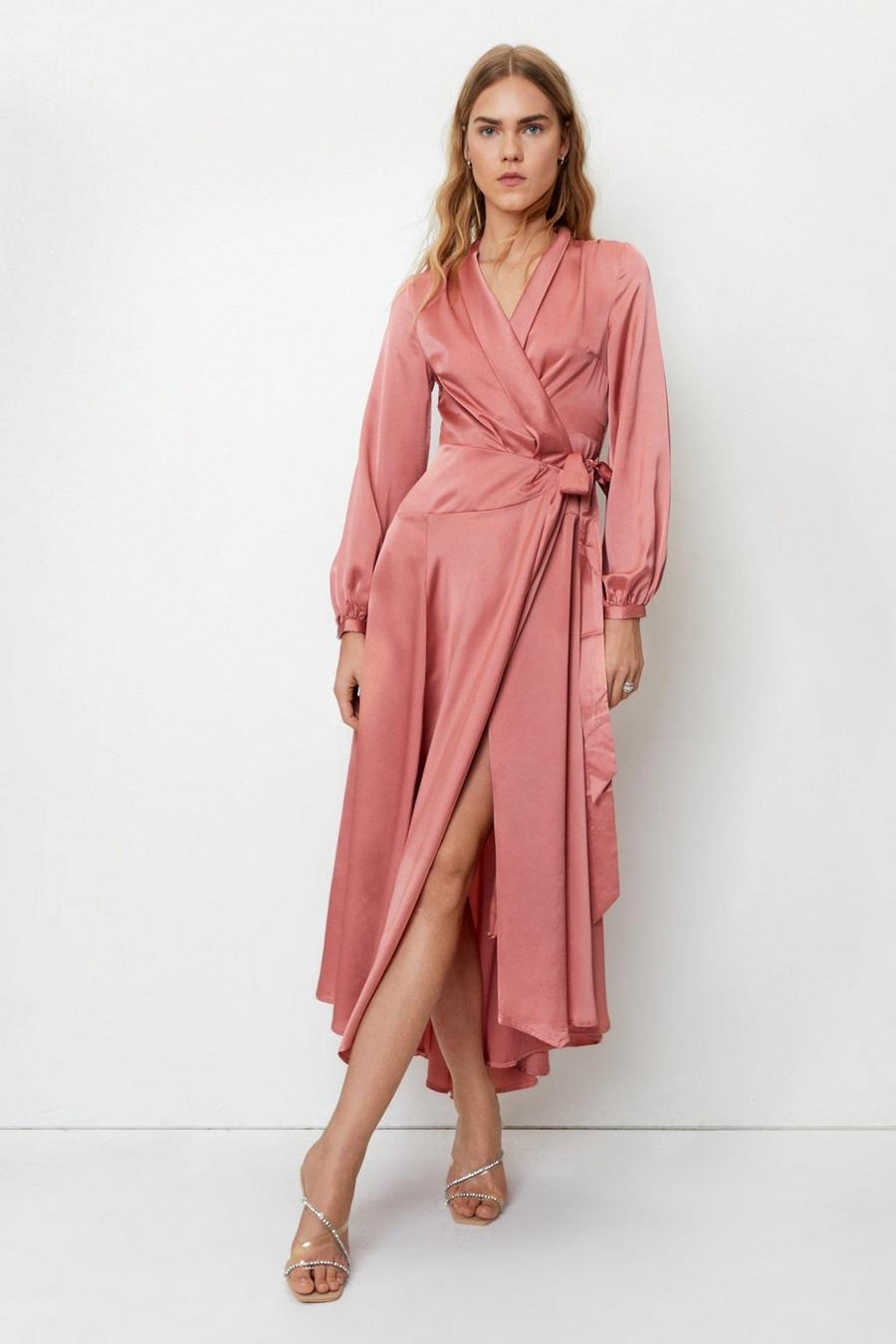 Rose pink V Neck Wrap Satin Maxi Dress image number 1