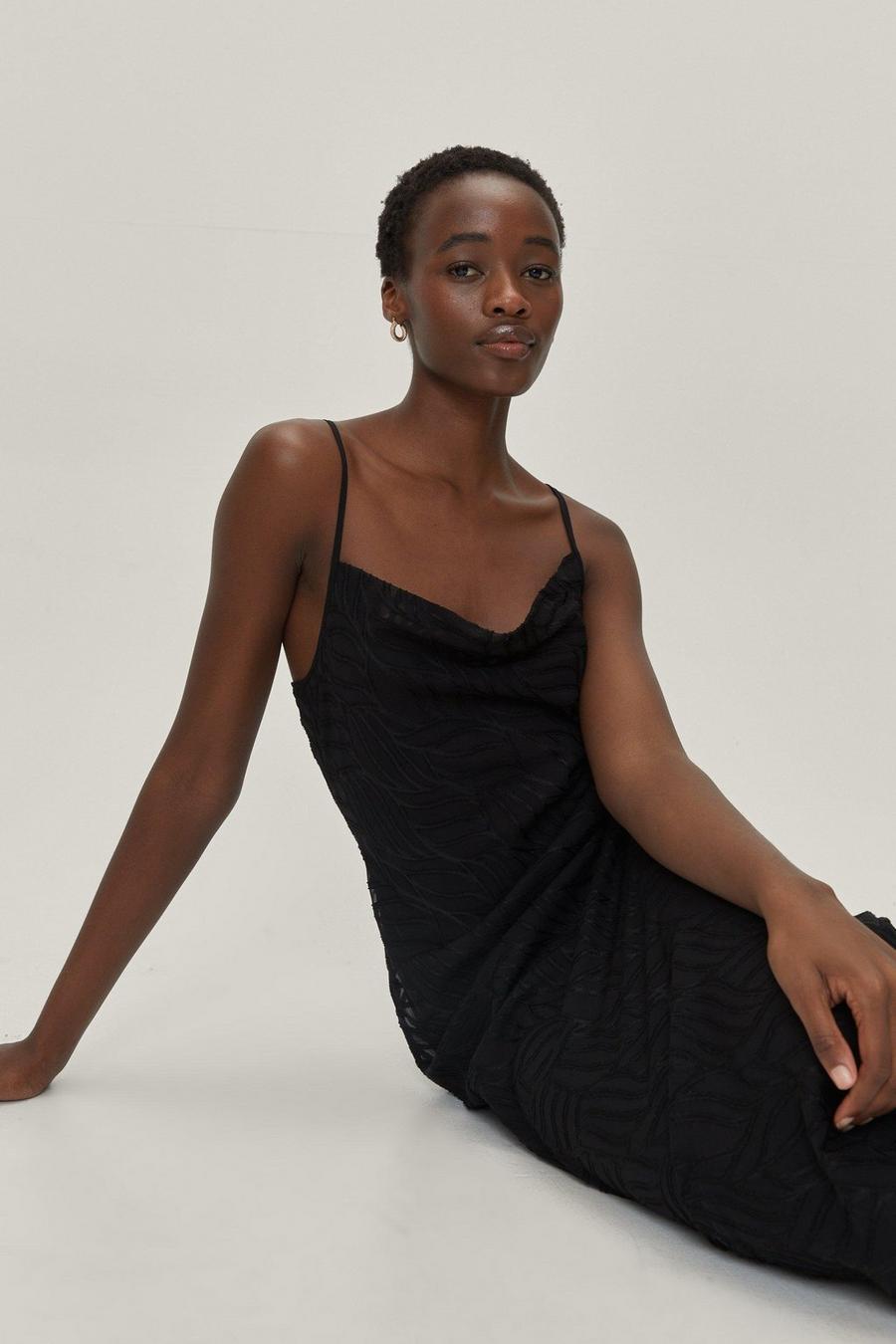 Black Textured Cowl Neck Maxi Slip Dress image number 1