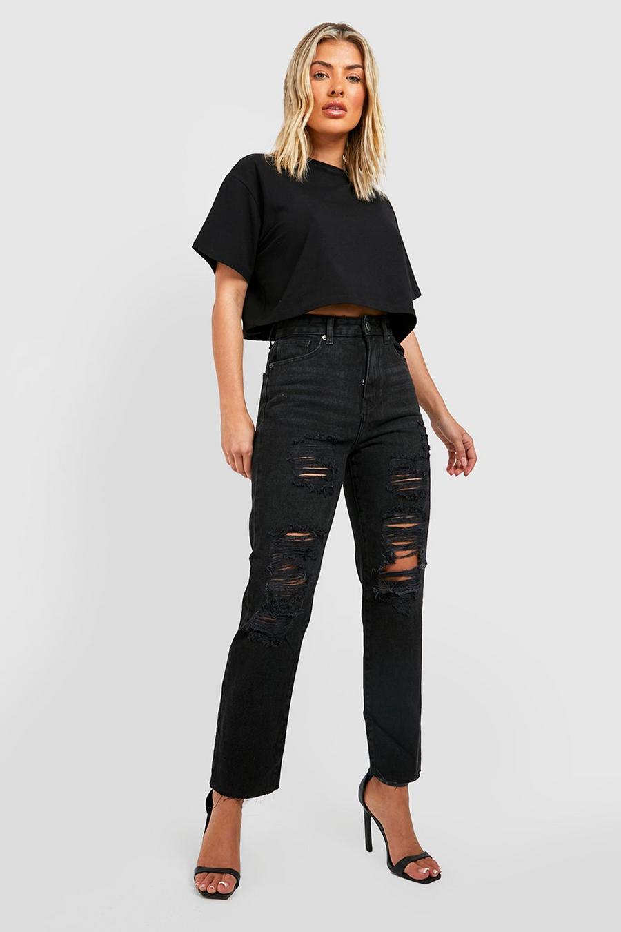 Jeans Mom in denim sostenibile a effetto consumato con fondo grezzo, Black nero image number 1