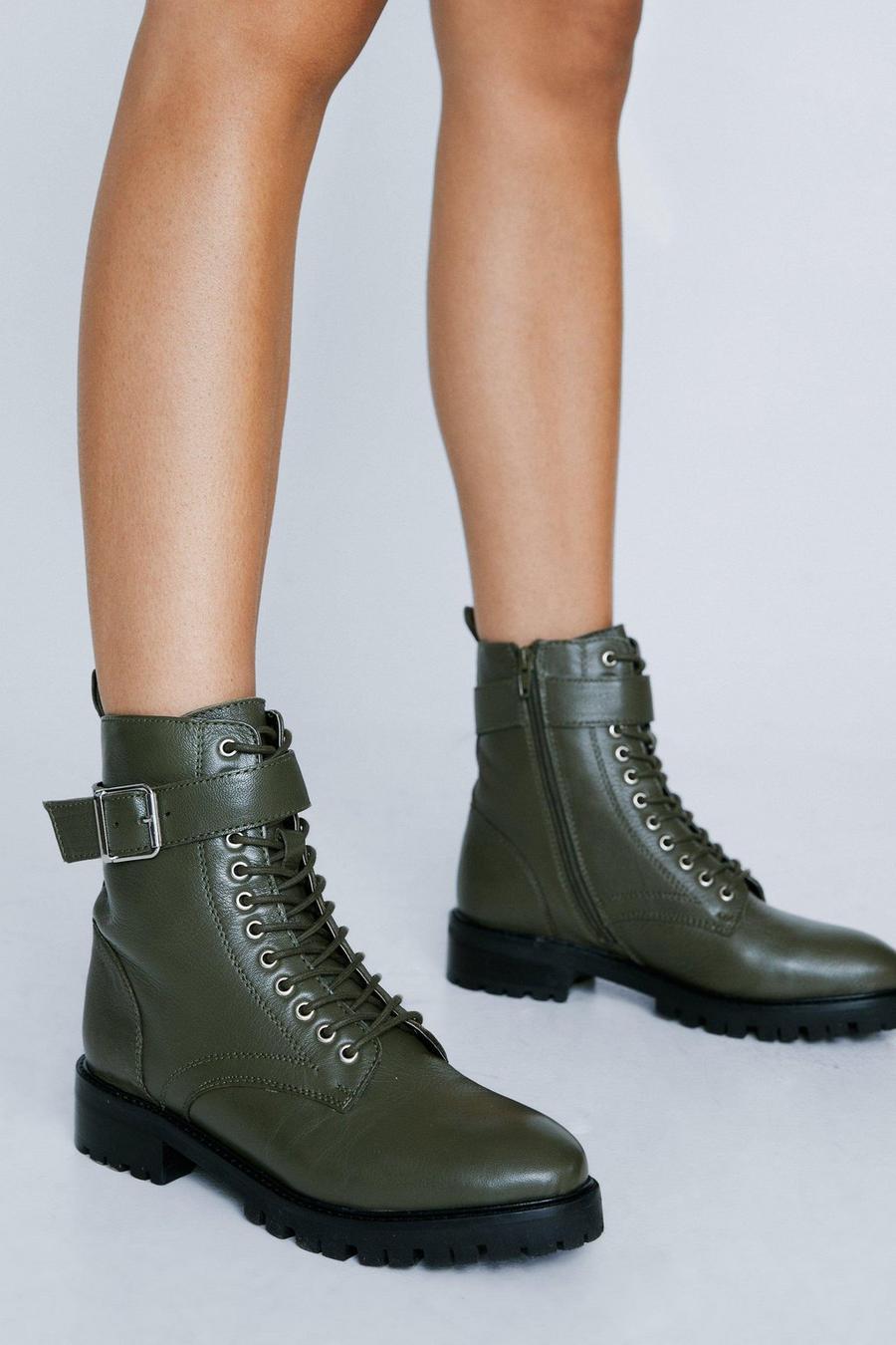 Khaki Real Leather Lace Up Cleated Combat Boots