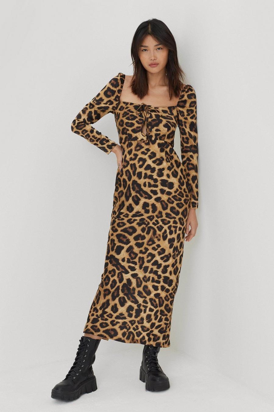 Brown marron Leopard Print Square Neck Midi Dress