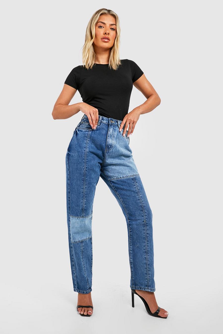 Jeans Mom in denim sostenibile effetto patchwork con cuciture image number 1