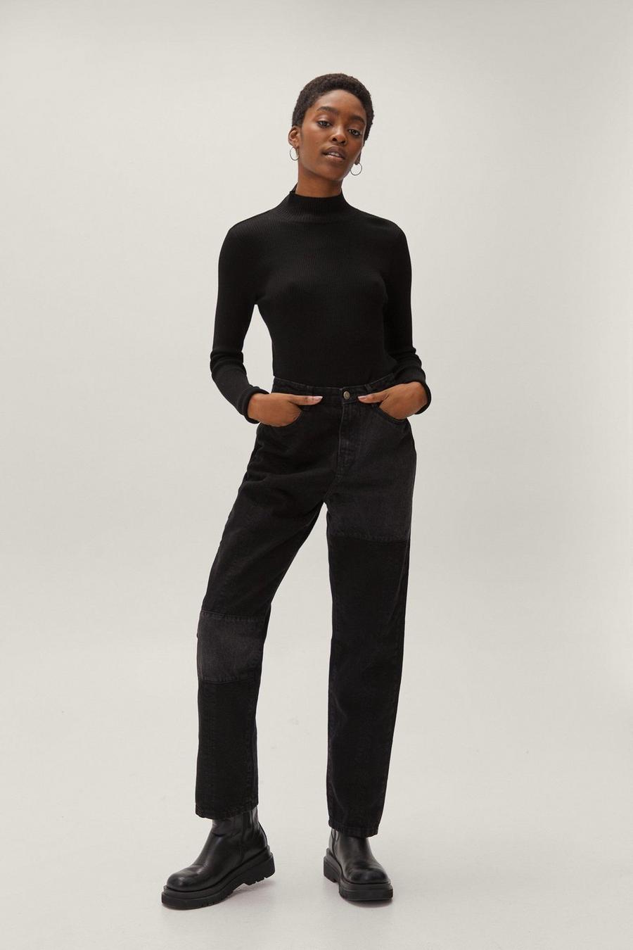 Washed black Organic Patchwork Seam Detail Mom Jeans