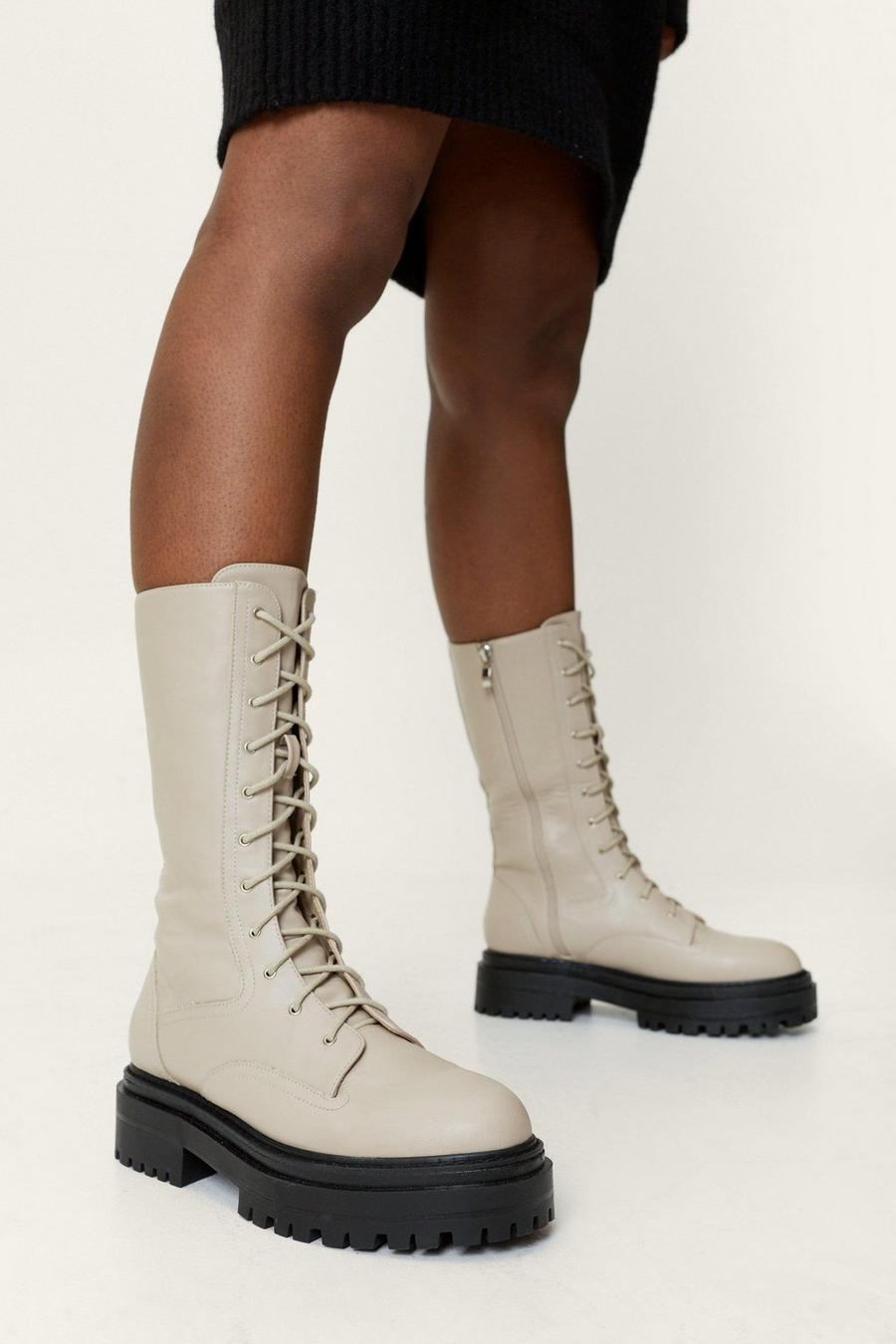 Cream Lace Up Chunky Sole Combat Boots image number 1