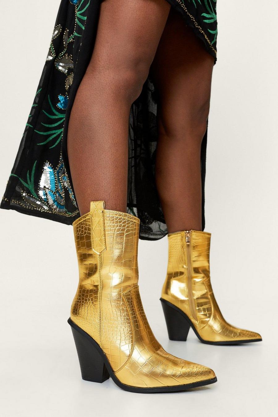 Metallic Croc Embossed Ankle Cowboy Boots image number 1
