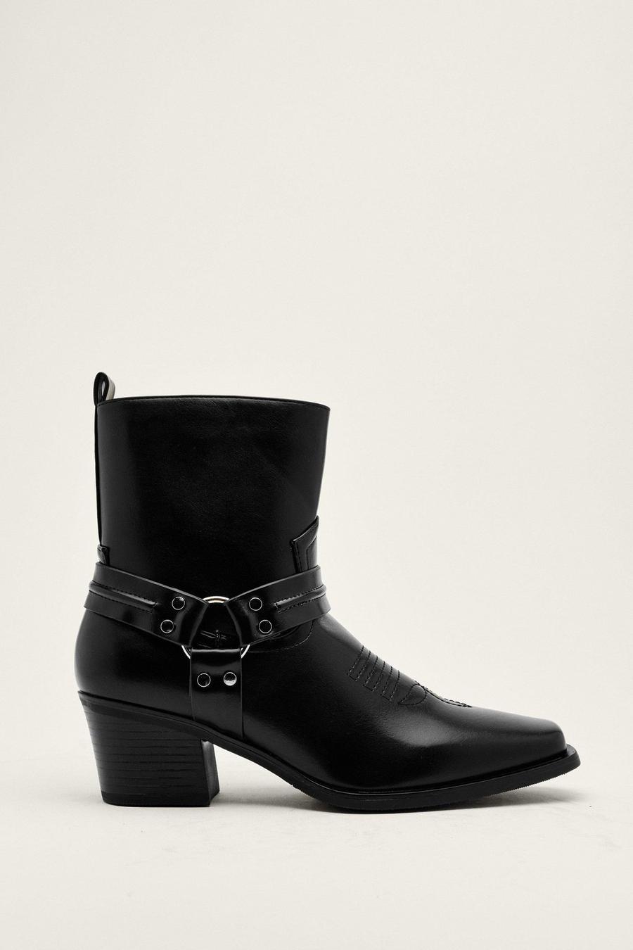 Black Faux Leather O Ring Ankle Cowboy Boots image number 1