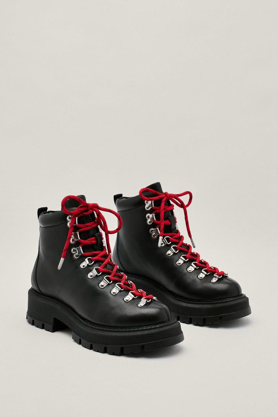 Black Real Leather Contrast Lace Up Combat Boots image number 1
