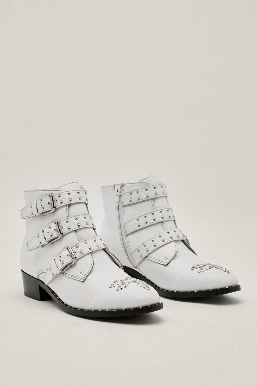 White Leather Pin Stud Triple Buckle Western Boots