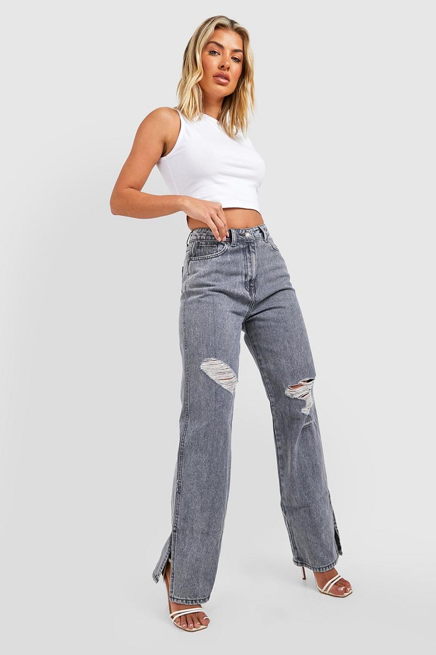 Grey Organic Distressed Split Hem Straight Leg Jeans