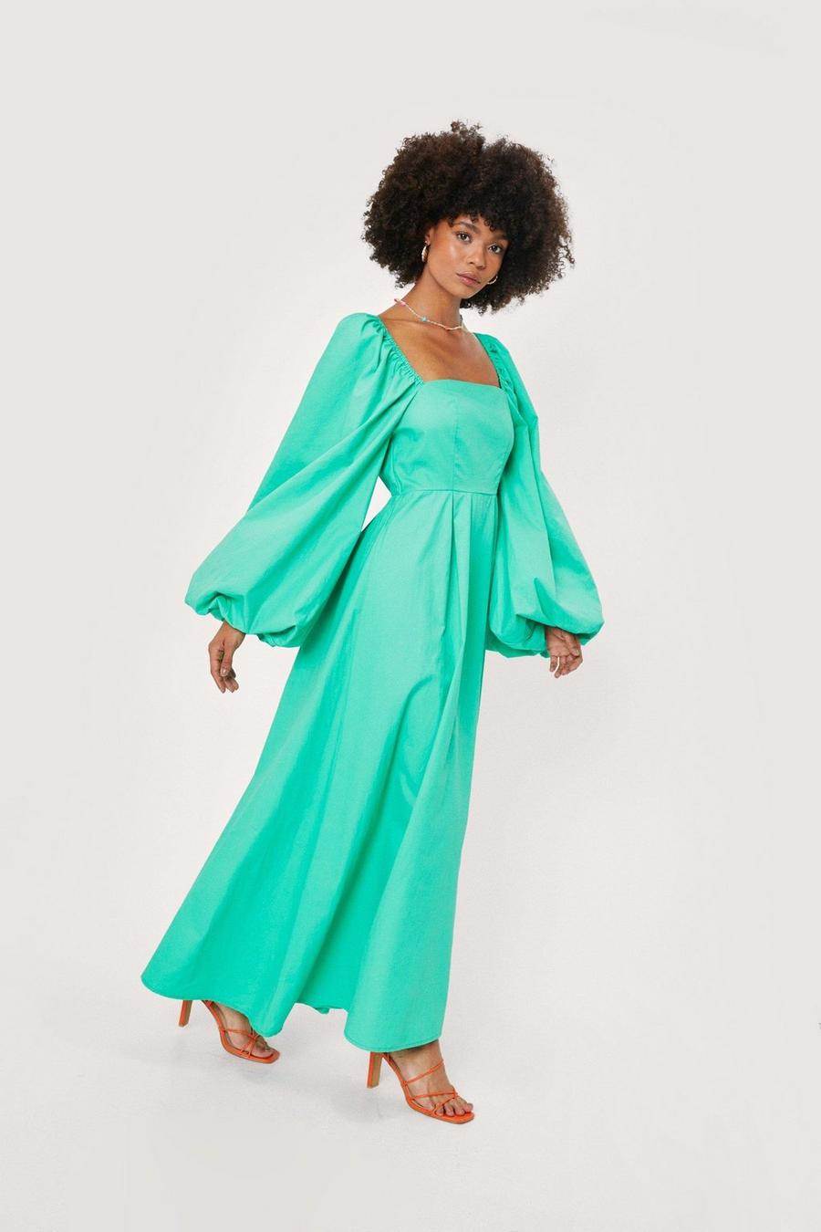 Green Poplin Square Neck Balloon Sleeve Maxi Dress image number 1