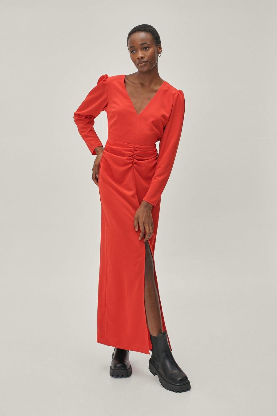 Red Ruched Front Plunge Maxi Dress image number 1