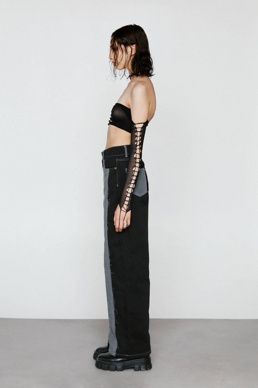 Washed black Colorblock Frayed Seam Wide Leg Jeans