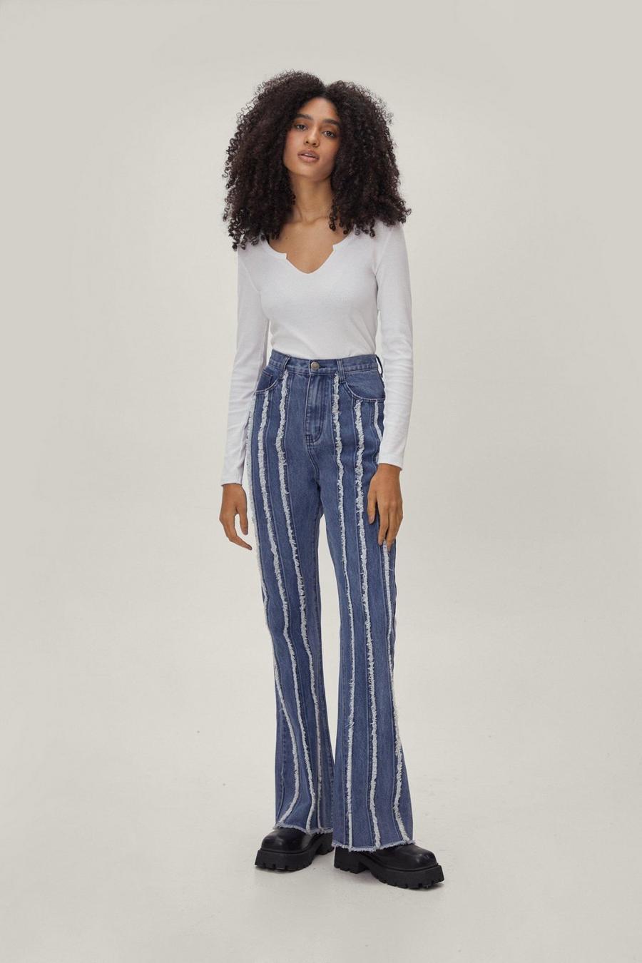 Mid blue Denim Frayed Seam Fit And Flare Jeans