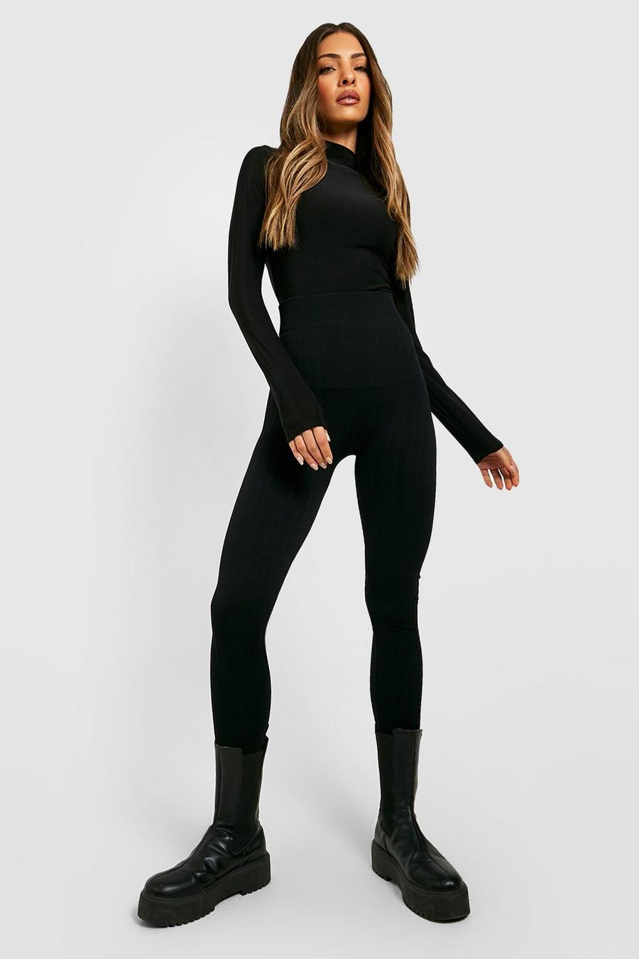 Black High Waisted Chain Knit Fleece Lined Leggings image number 1