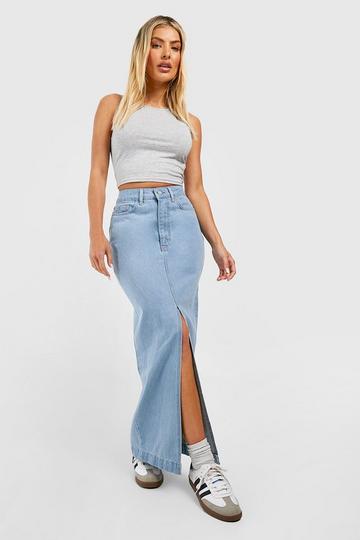 Light Brown Split Front Denim Maxi Skirt