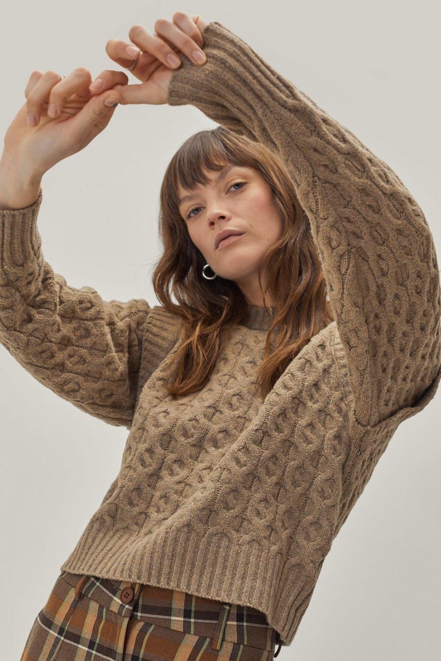 Mushroom beige Recycled Cable Knit Shoulder Detail Sweater