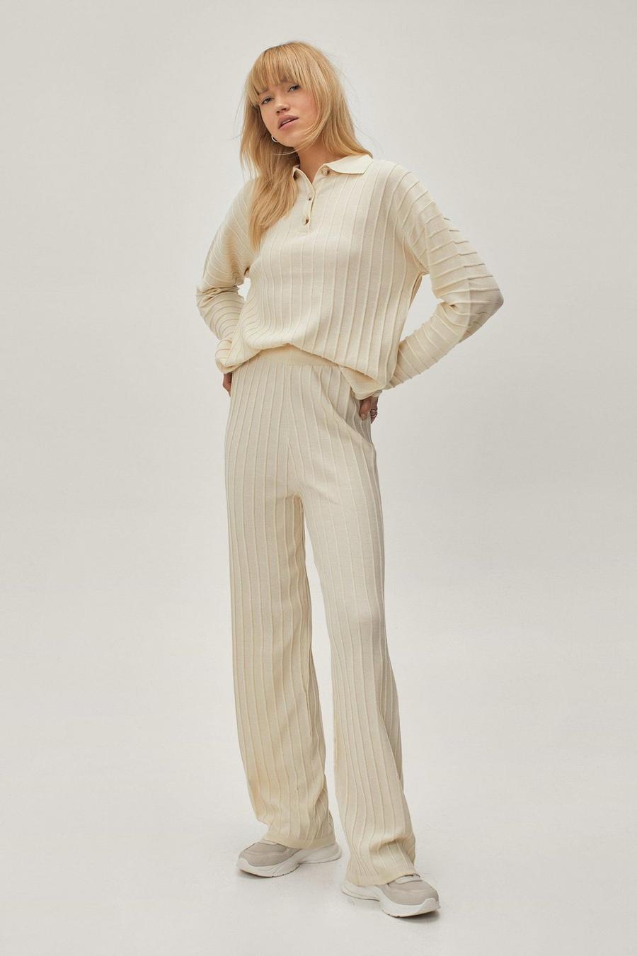 Cream 50% Knitted Wide Leg Trouser image number 1