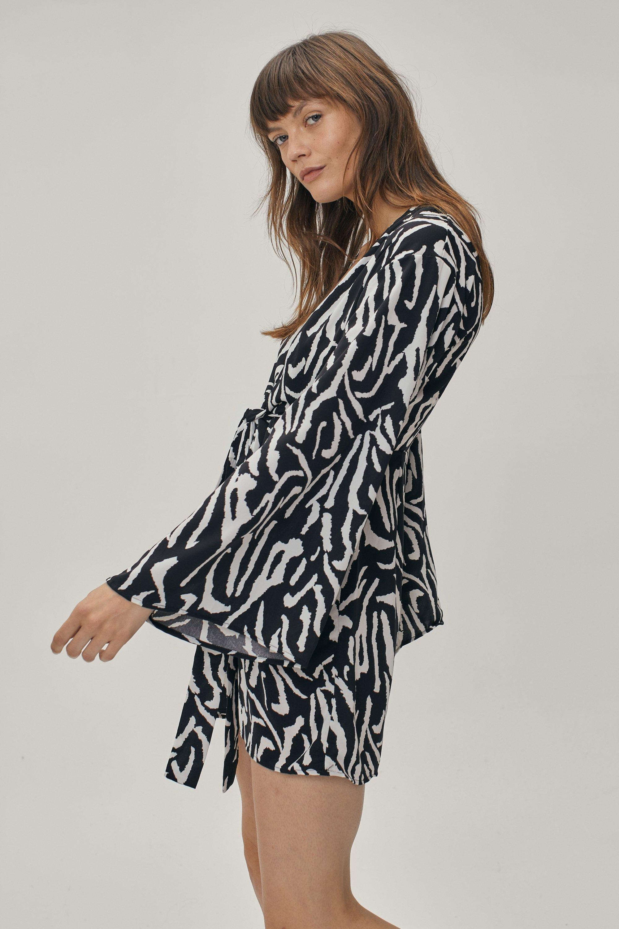 Zebra Print Knot Front Kimono Mini Dress boohoo IL