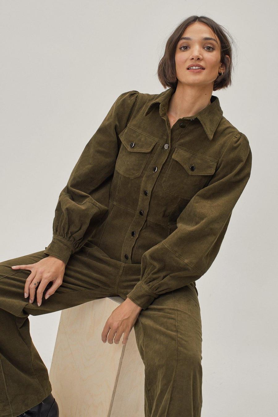 Green Corduroy Puff Sleeve Button Front Boilersuit