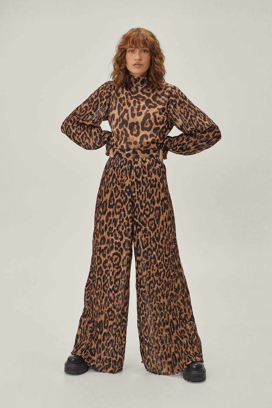 Women's Leopard High Neck Pleated Wide Leg Jumpsuit | Boohoo UK