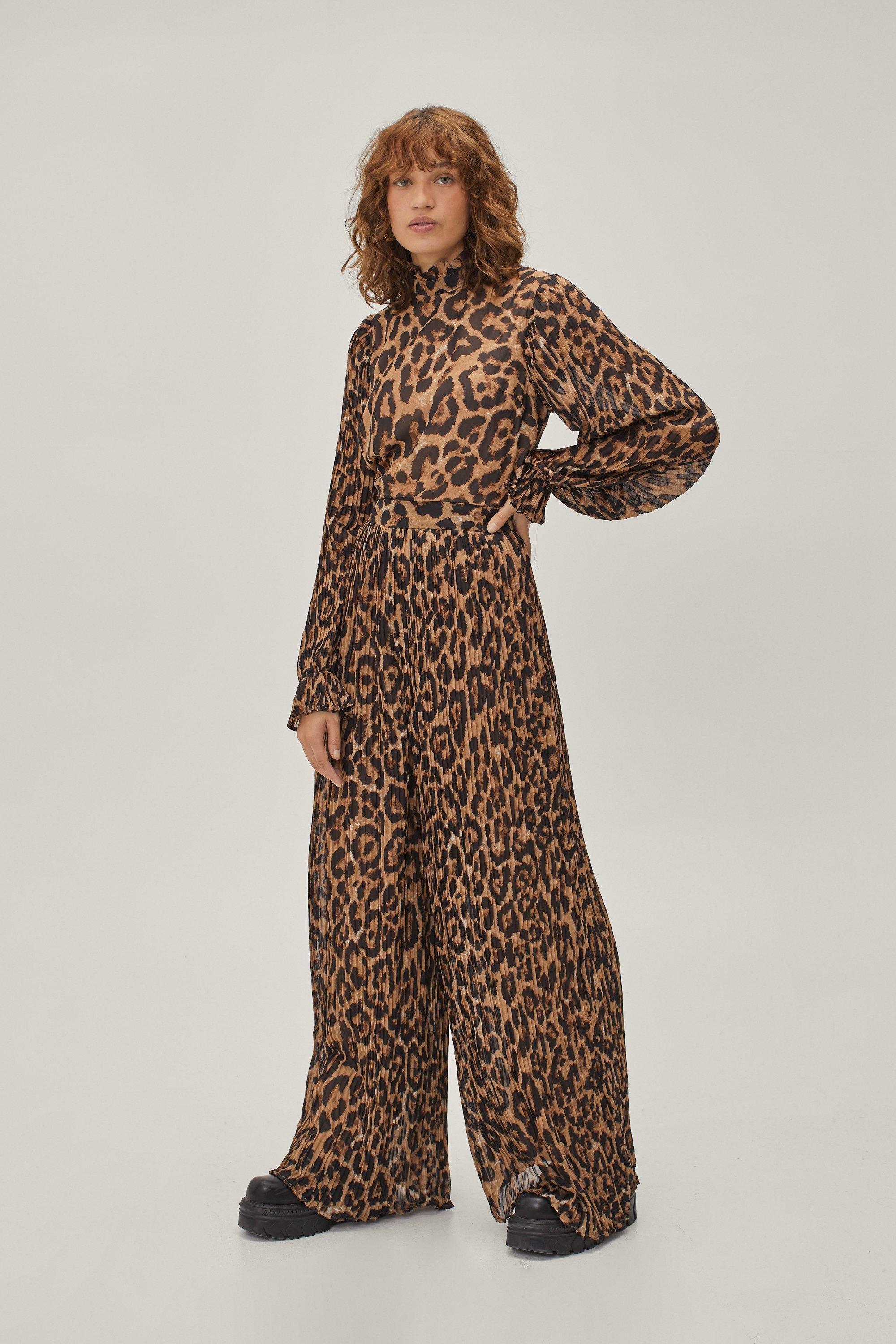 Leopard High Neck Pleated Wide Leg Jumpsuit boohoo USA