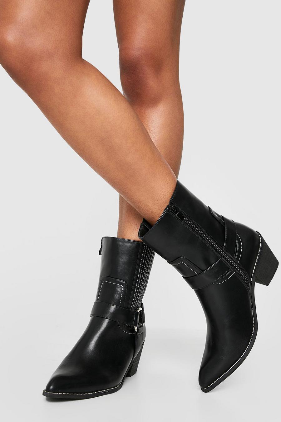 Black svart Wide Fit Harness Detail Western Cowboy Ankle Boots image number 1