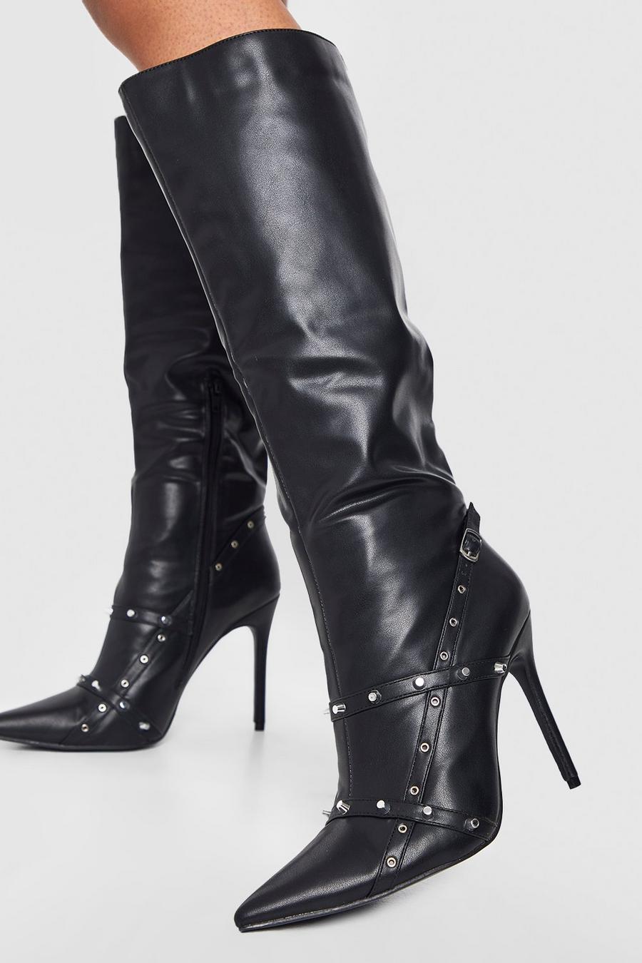 Black Studded Detail Stiletto Knee High Boots