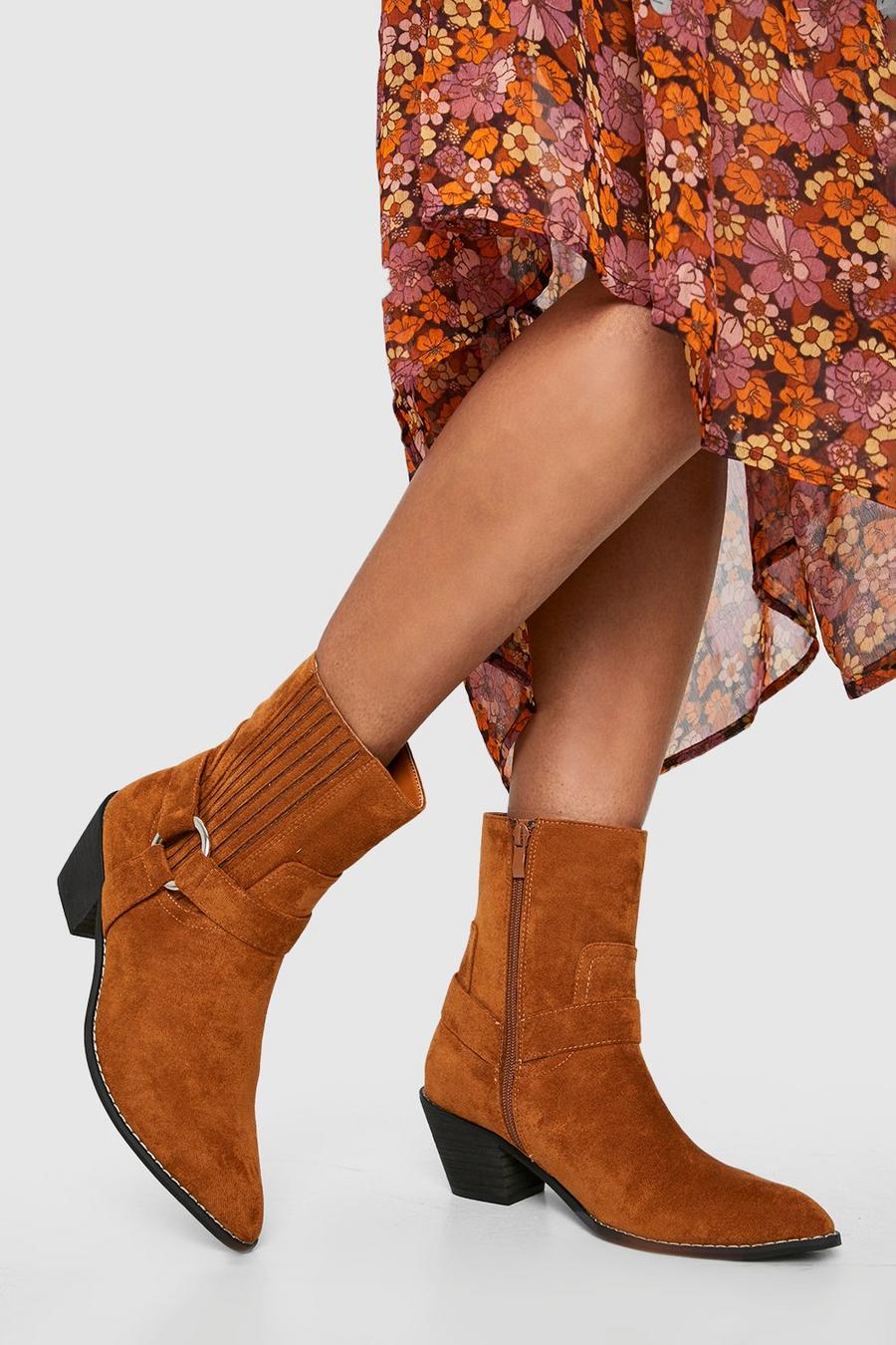 Harness Detail Western Cowboy Ankle Boots, Dark tan