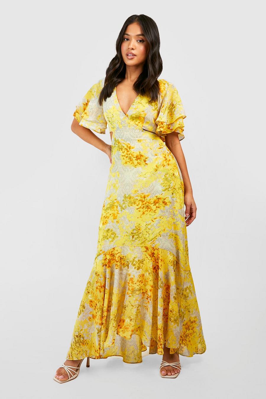Yellow  Petite Floral Print Angel Sleeve Maxi Dress Curve image number 1