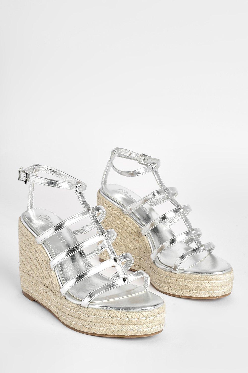 Wide Width Metallic Stud Detail Wrap Up Wedges boohoo