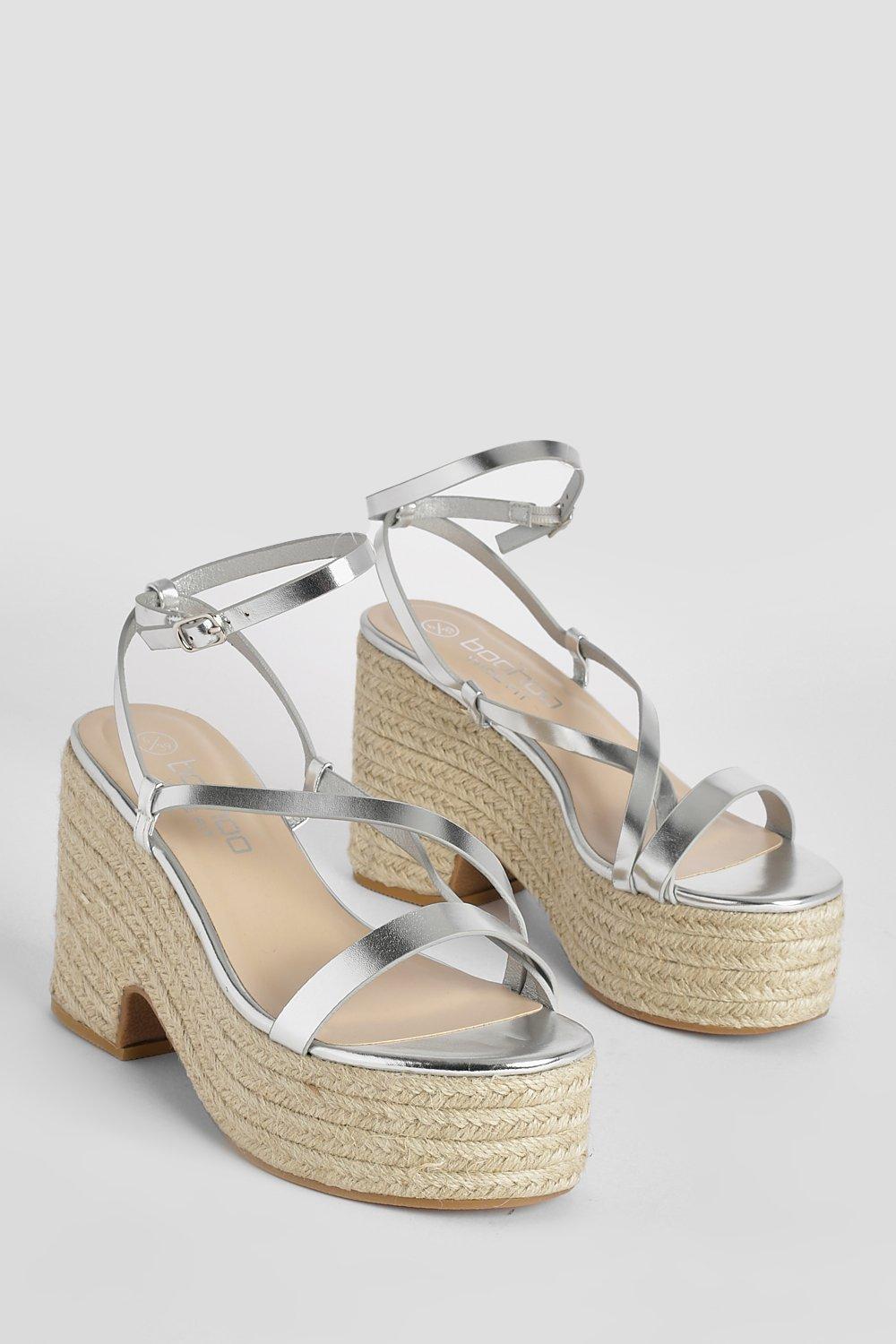 Wide Width Metallic Asymmetric Strap Espadrille Wedges boohoo USA