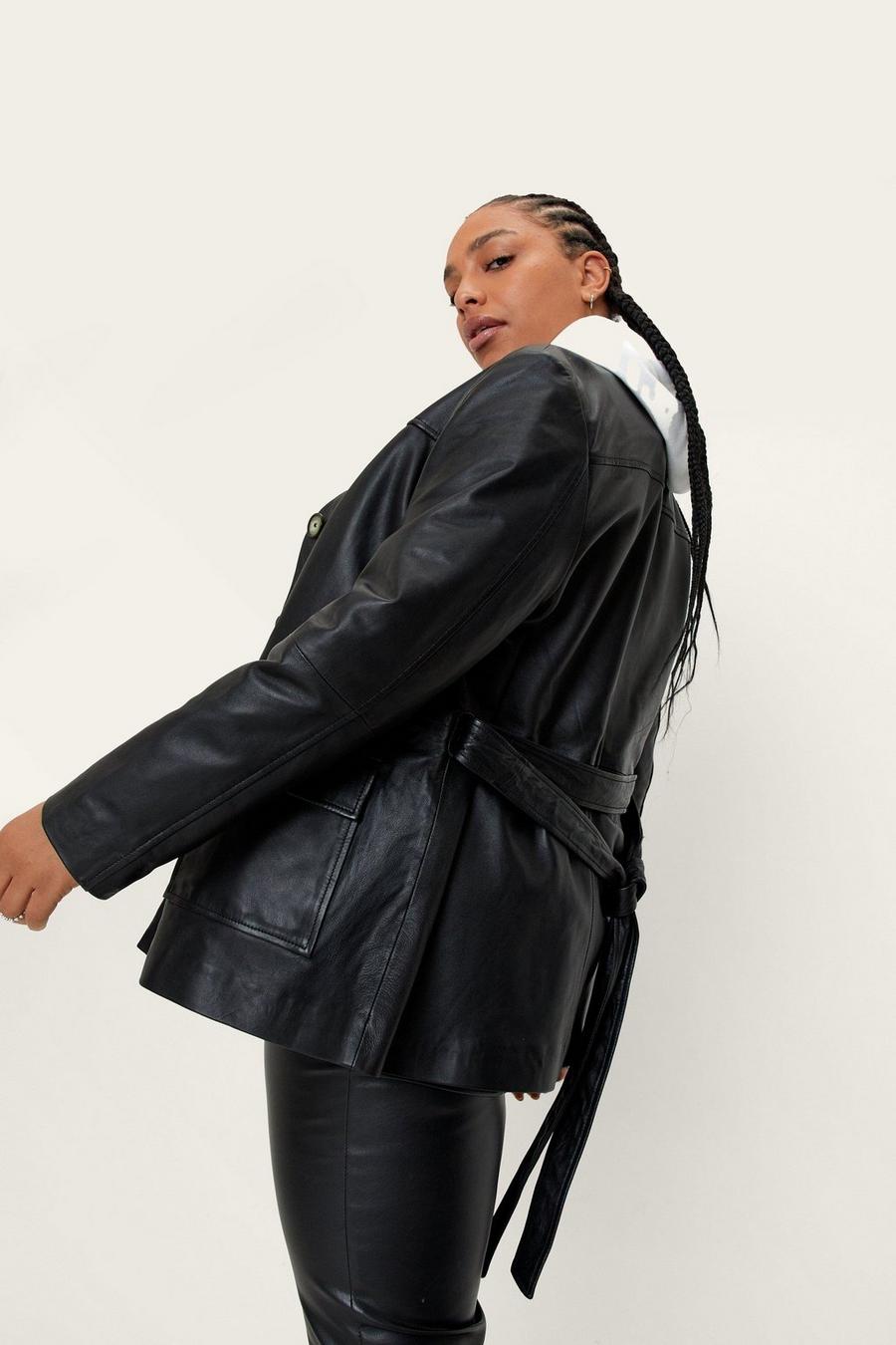 Black nero Plus Size Real Leather Button Down Jacket image number 1