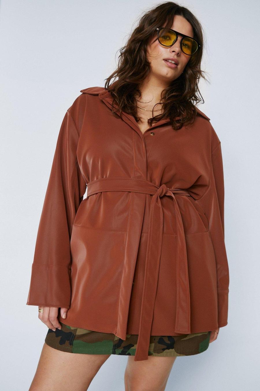 Chocolate braun Plus Size Faux Leather Belted Jacket