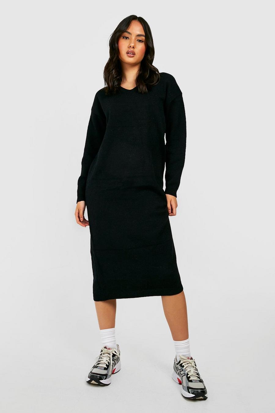 Black V Neck Knitted Midi Dress image number 1