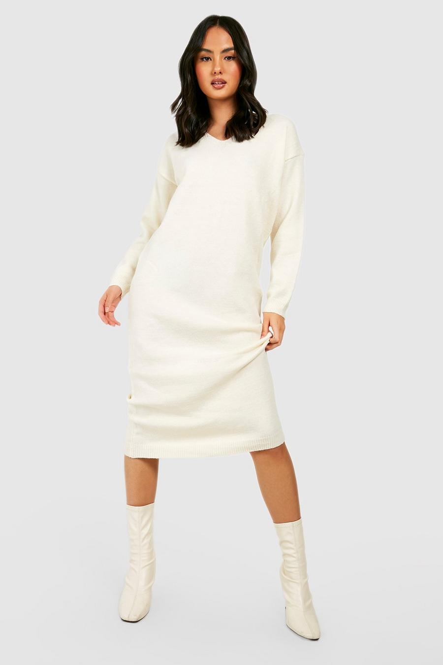 White V Neck Knitted Midi Dress