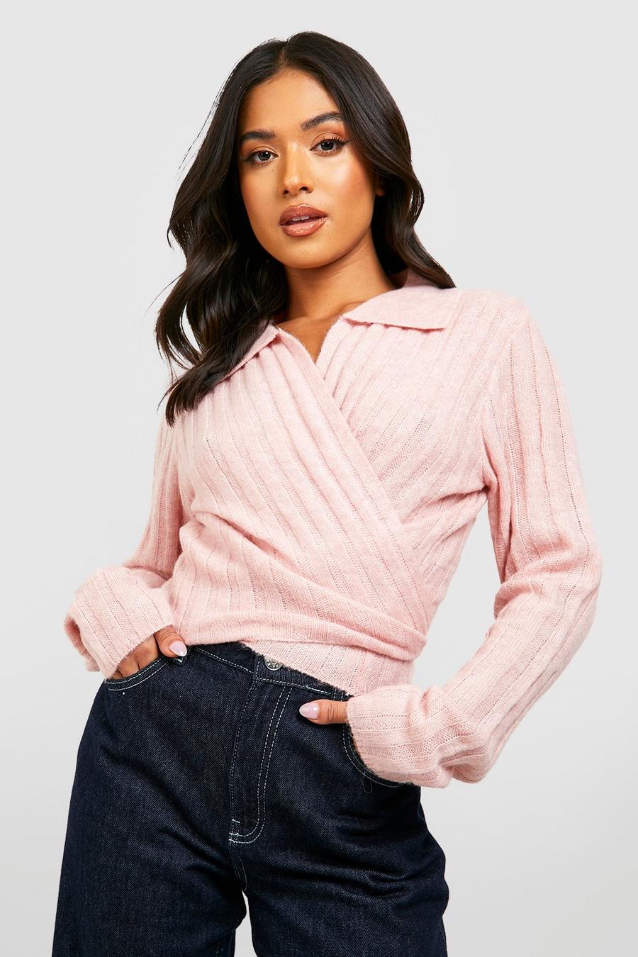 Dusky pink Petite Knitted Collar Detail Wrap Top