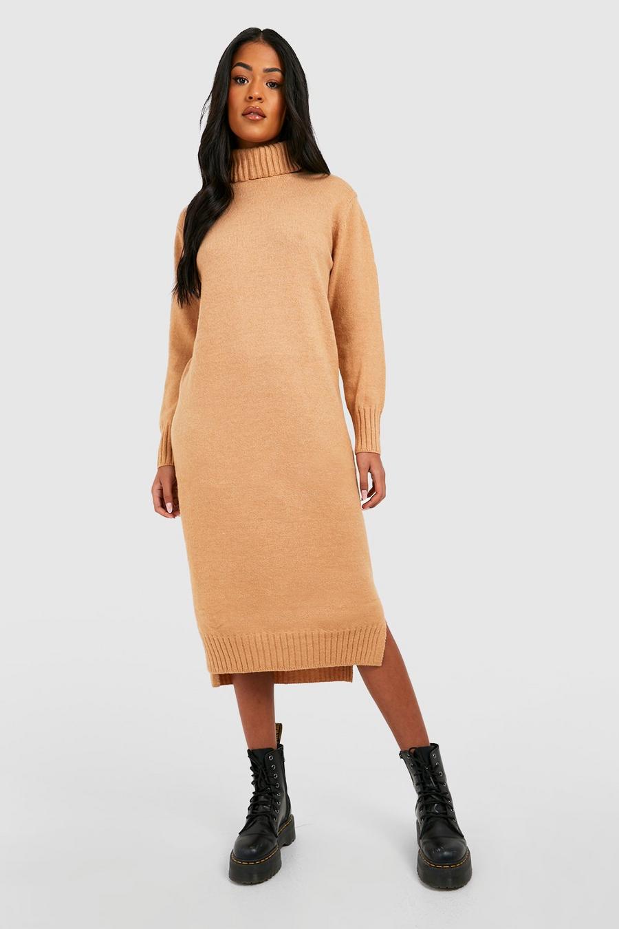 Camel Tall Roll Neck Knitted Maxi Dress image number 1