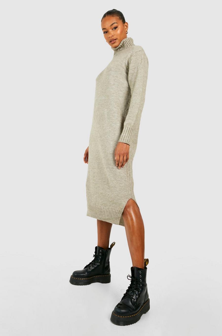 Khaki Tall Roll Neck Knitted Maxi Dress image number 1