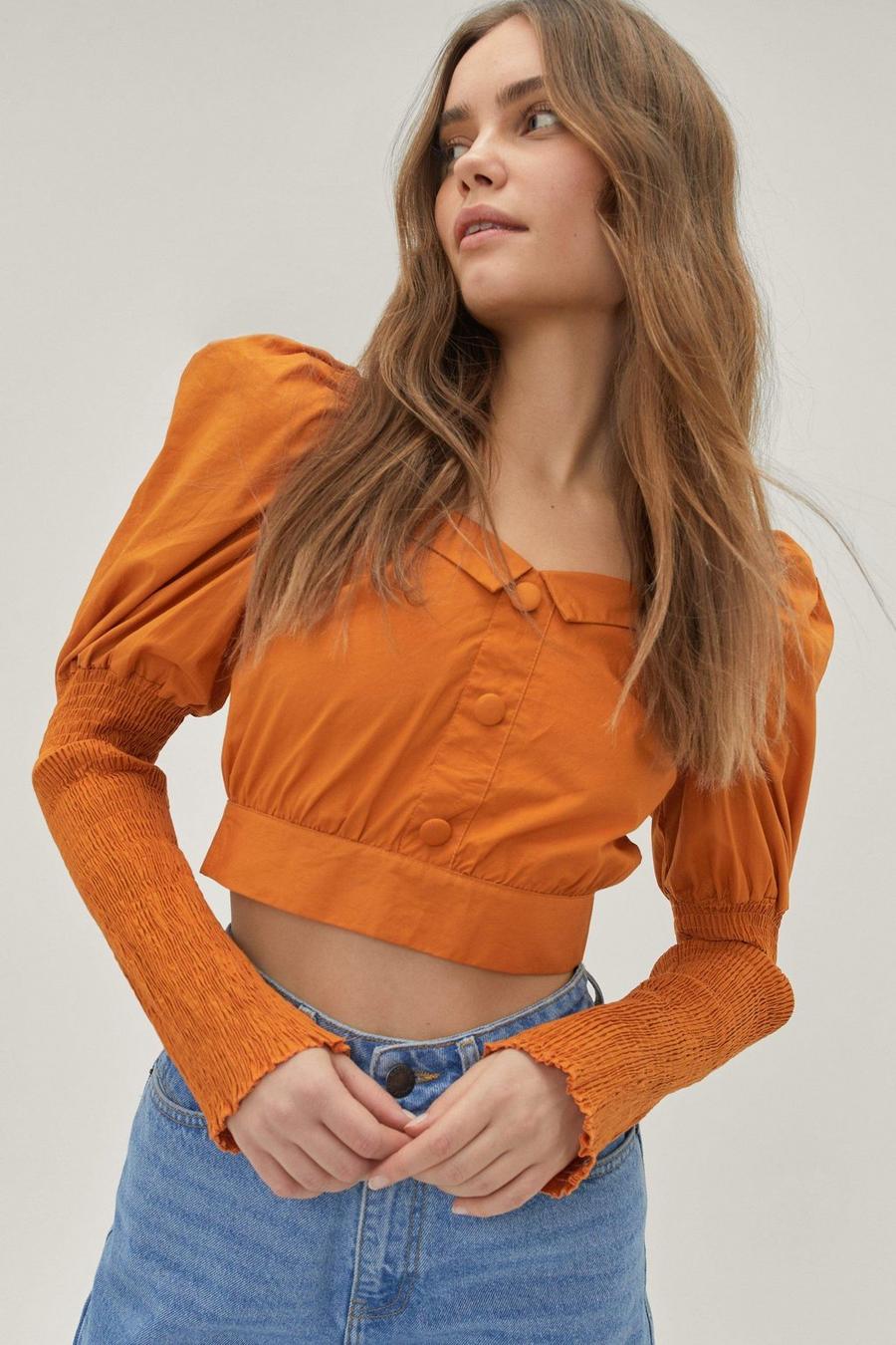 Tan Puff Sleeve Cotton Blouse image number 1