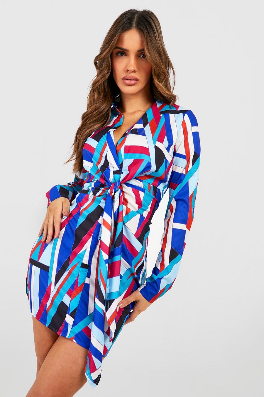 Blue Abstract Print Tie Front Shirt Dress image number 1