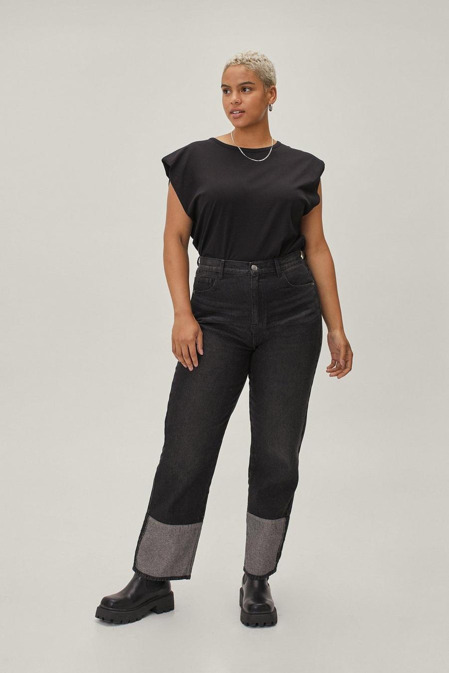 Washed black Plus Size Denim Contrast Hem Jeans image number 1