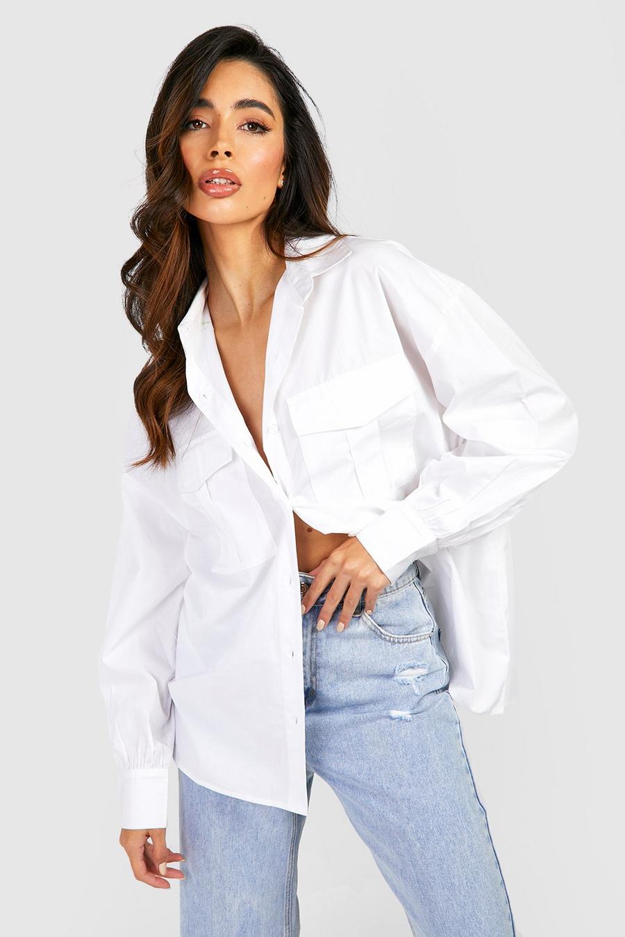 Camicia oversize in cotone popeline stile Utility, White bianco